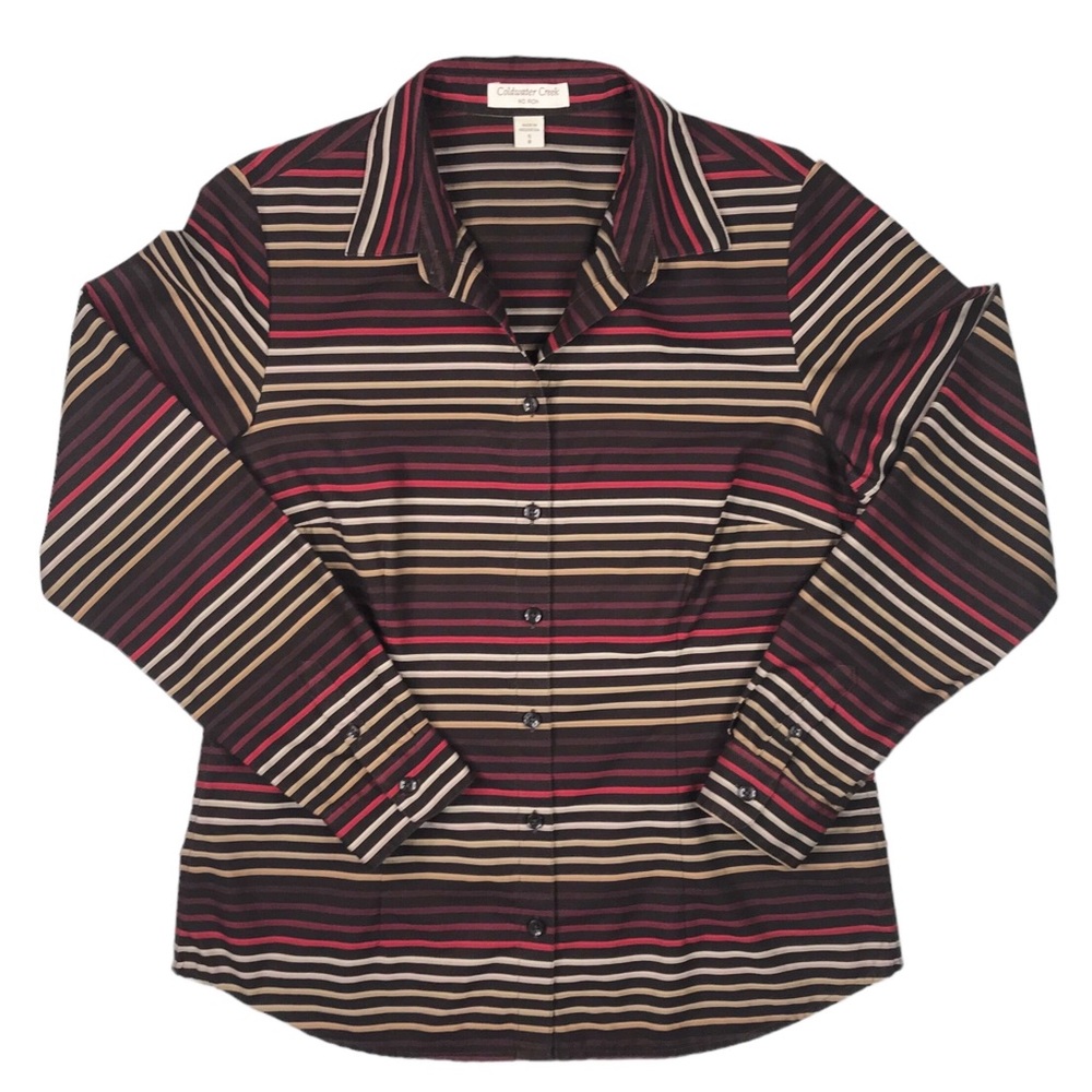 🎈SALE Coldwater Creek Classic Striped Blouse Size S No Iron Fitted Autumn Fall